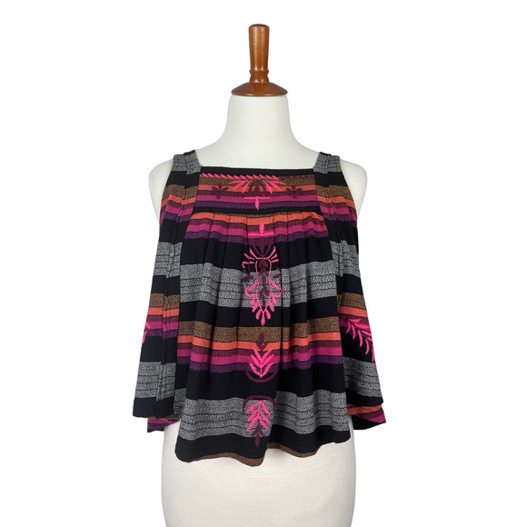 Free People Tops - Free People Black Combo Stripe Embroidered Tank Shirt Size XS